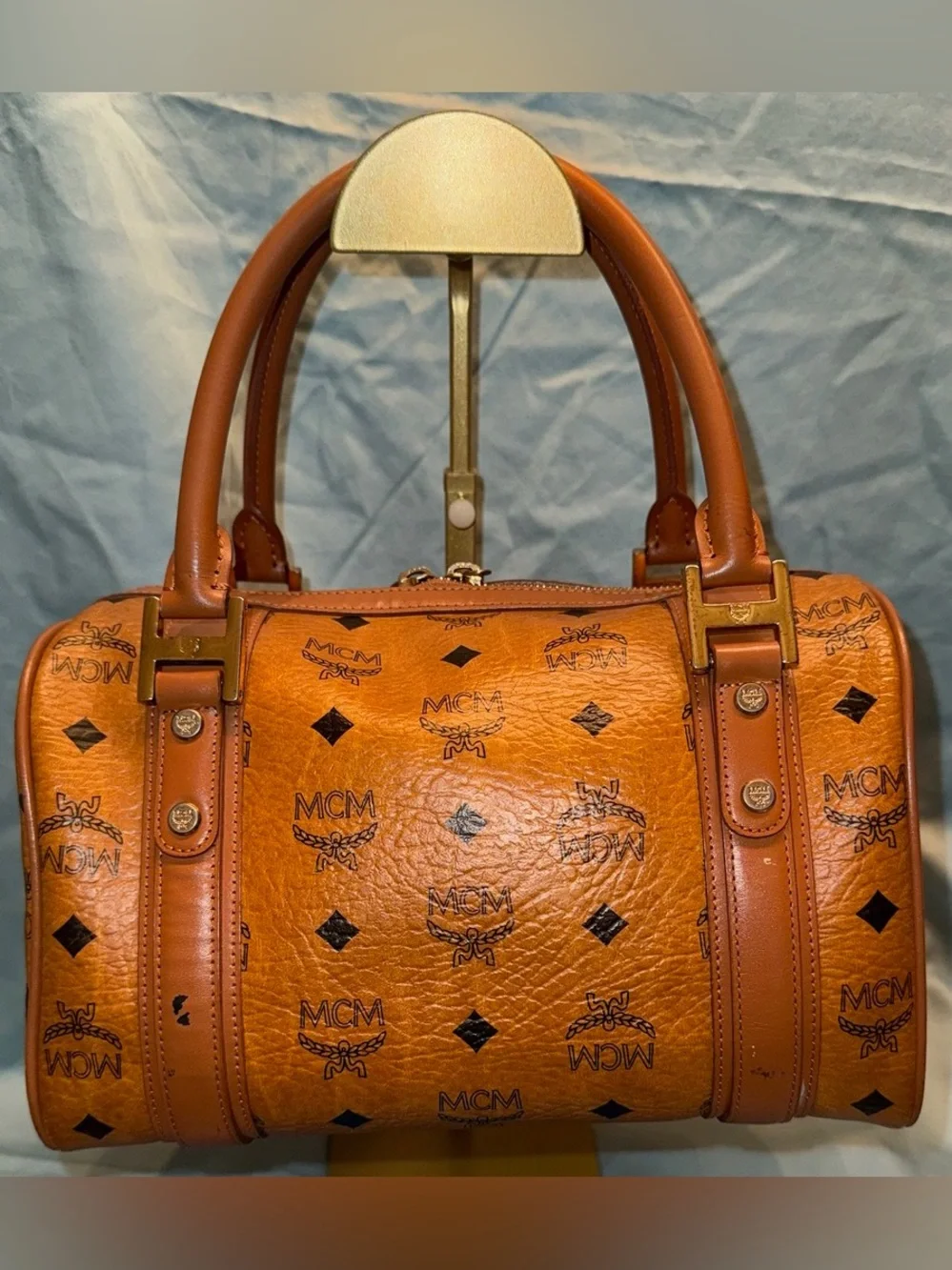 MCM Authentic Cognac Logo Visetos Boston Satchel with Gold Hardware